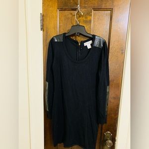 Black sweater dress with pleather sleeve & elbow patches.